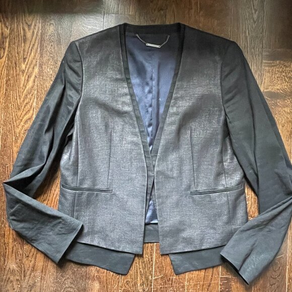 Elie Tahari Black Blazer Jacket Leather Trimmed Linen/Cotton- Size 10 - Picture 1 of 12